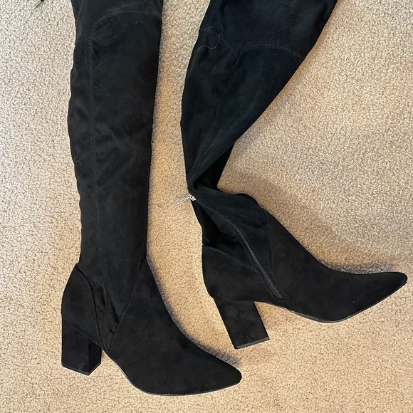 MARC FISHER Boots Size 11M Black Suede OKUN Over the Knee Tie Back MSRP $249.00 - Picture 1 of 7